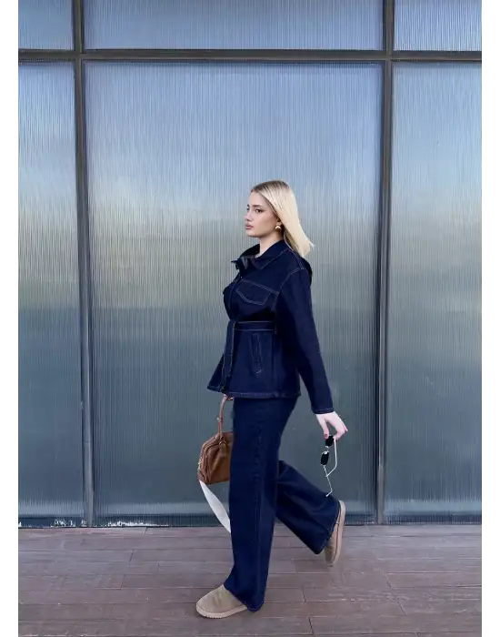 Rins Kuşaklı Ceket Pantolon Denim Takım