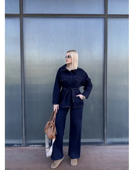 Rins Kuşaklı Ceket Pantolon Denim Takım