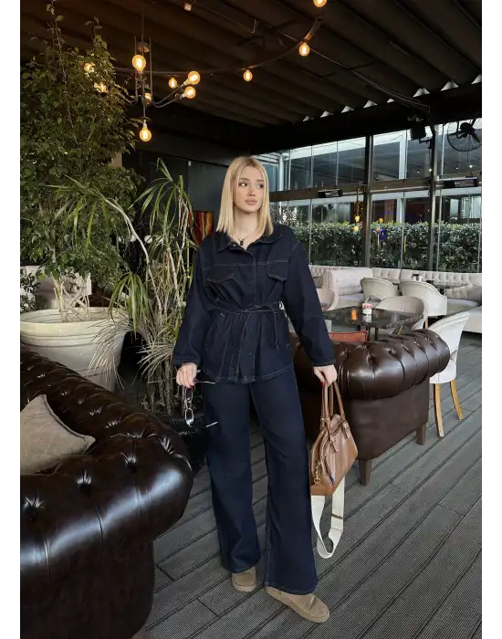 Rins Kuşaklı Ceket Pantolon Denim Takım