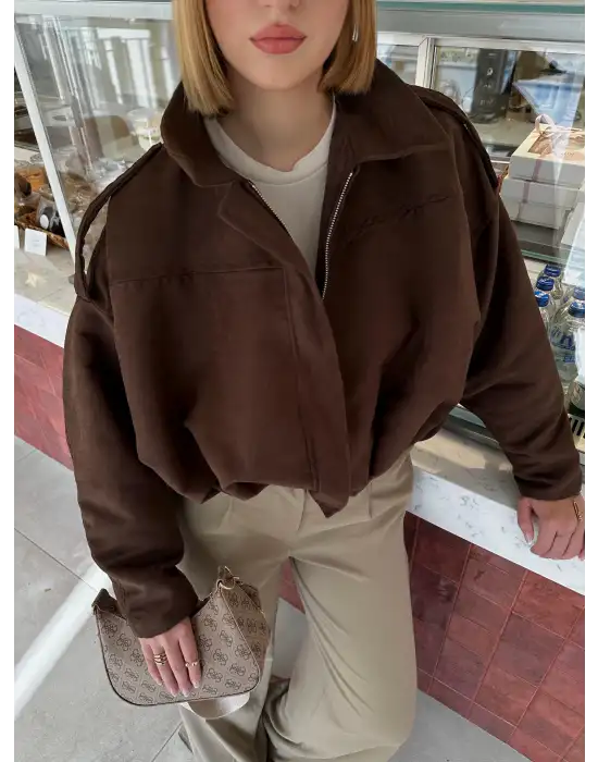 Rodney Kahve Apoletli Süet Ceket