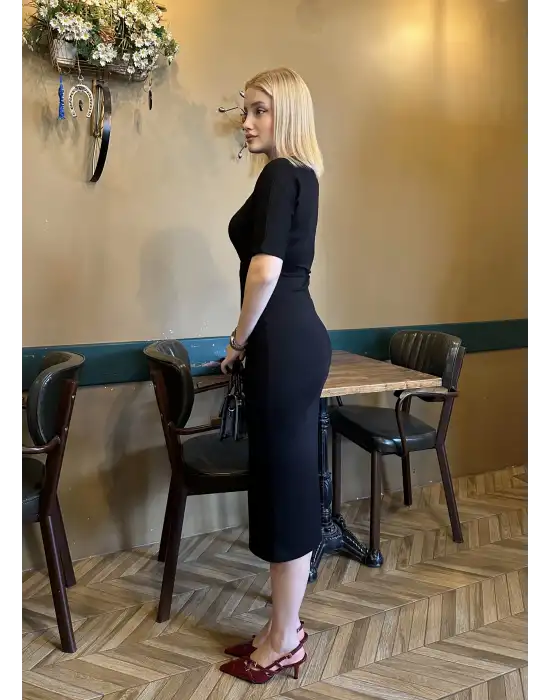 Roselin Siyah Belden Bağlamalı Midi Boy Esnek Elbise