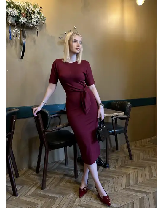 Roselin Bordo Belden Bağlamalı Midi Boy Esnek Elbise