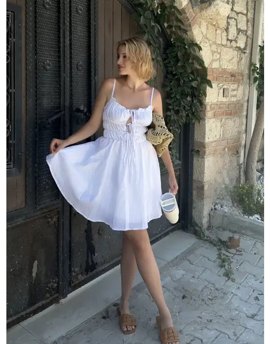 Ruffle Beyaz Keten Bağlama Detay Astarlı Mini Elbise