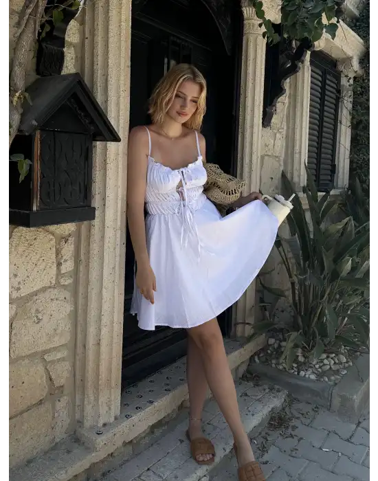 Ruffle Beyaz Keten Bağlama Detay Astarlı Mini Elbise
