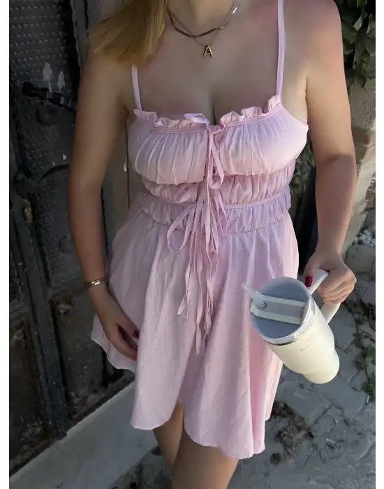Ruffle Pembe Keten Bağlama Detay Astarlı Mini Elbise