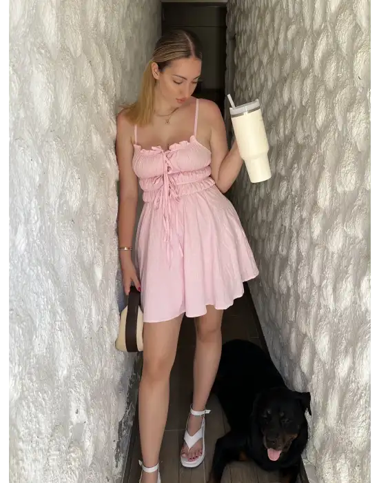 Ruffle Pembe Keten Bağlama Detay Astarlı Mini Elbise
