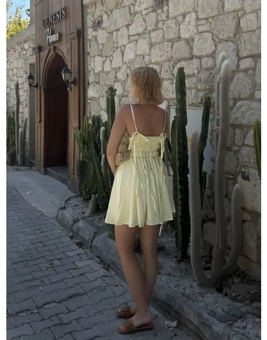 Ruffle Sarı Keten Bağlama Detay Astarlı Mini Elbise