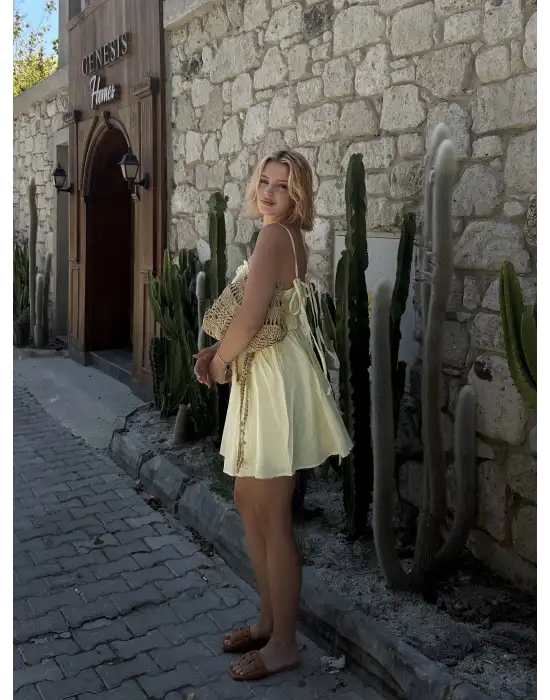 Ruffle Sarı Keten Bağlama Detay Astarlı Mini Elbise