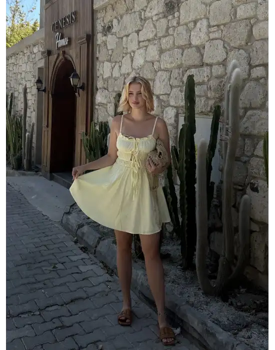 Ruffle Sarı Keten Bağlama Detay Astarlı Mini Elbise
