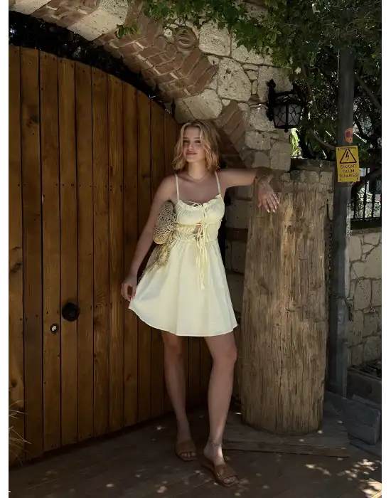 Ruffle Sarı Keten Bağlama Detay Astarlı Mini Elbise