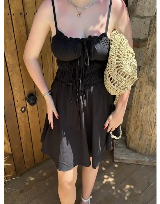 Ruffle Siyah Keten Bağlama Detay Astarlı Mini Elbise