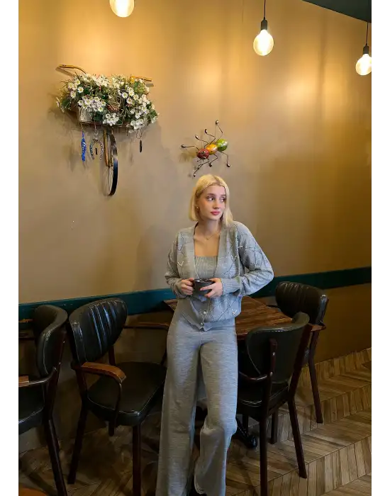 Sally Gri İncili 3lü Triko Takım