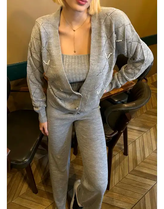 Sally Gri İncili 3lü Triko Takım