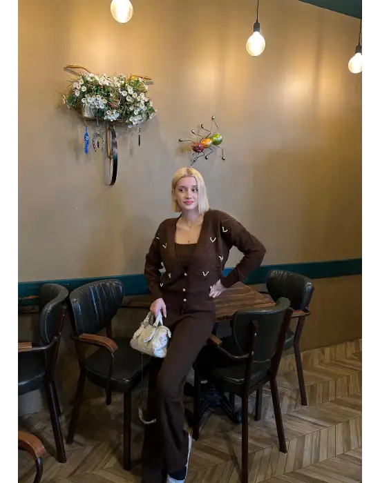 Sally Kahve İncili 3lü Triko Takım