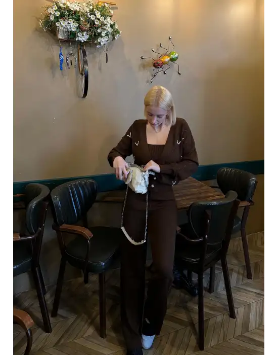 Sally Kahve İncili 3lü Triko Takım