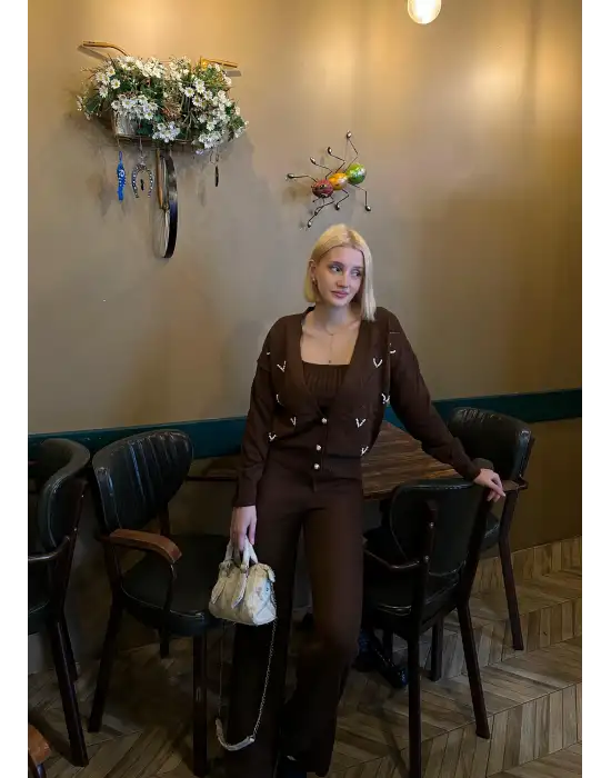 Sally Kahve İncili 3lü Triko Takım