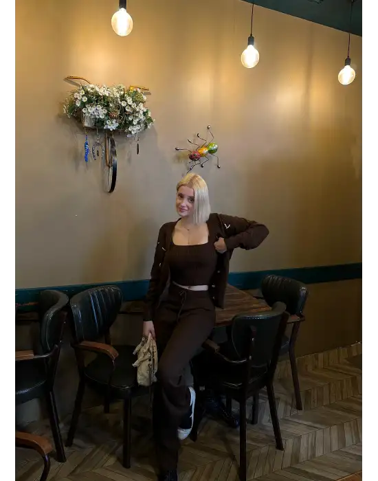 Sally Kahve İncili 3lü Triko Takım