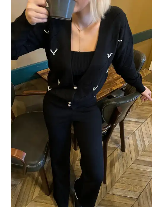 Sally Siyah İncili 3lü Triko Takım