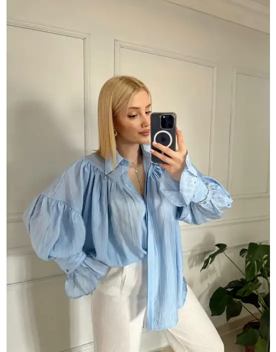 Soleil BebeMavi Fırfırlı Volanlı Gömlek