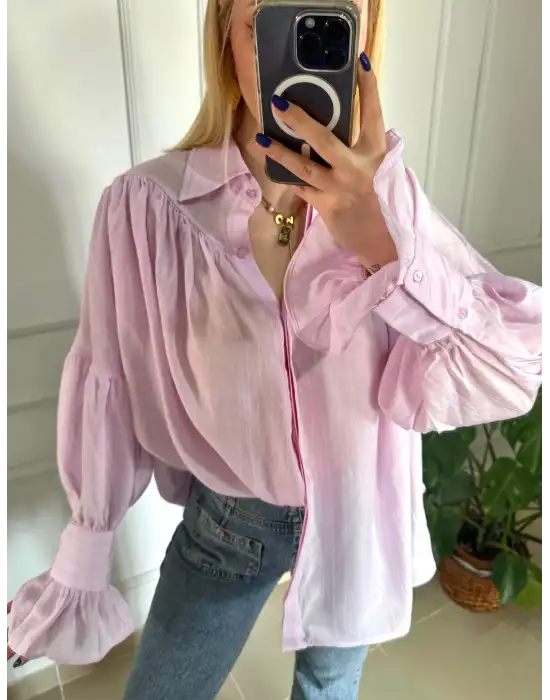 Soleil Pembe Fırfırlı Volanlı Gömlek