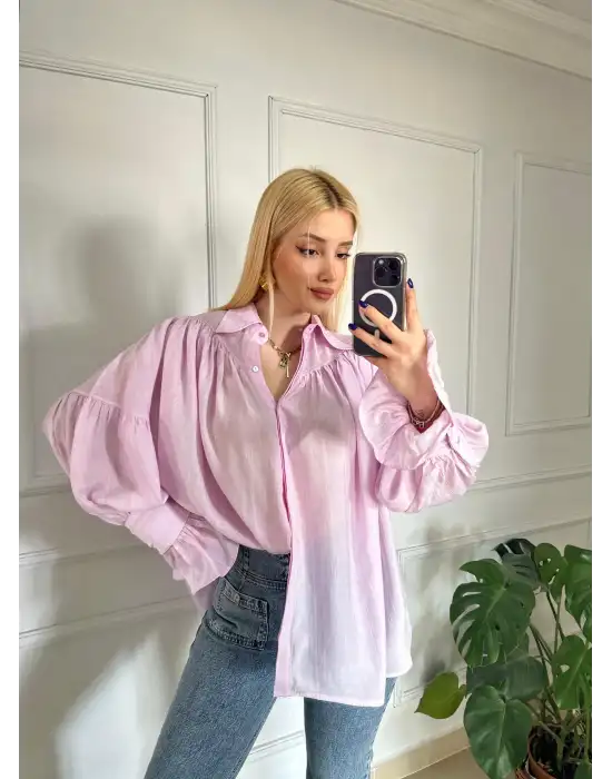 Soleil Pembe Fırfırlı Volanlı Gömlek