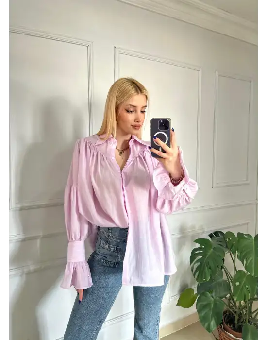 Soleil Pembe Fırfırlı Volanlı Gömlek