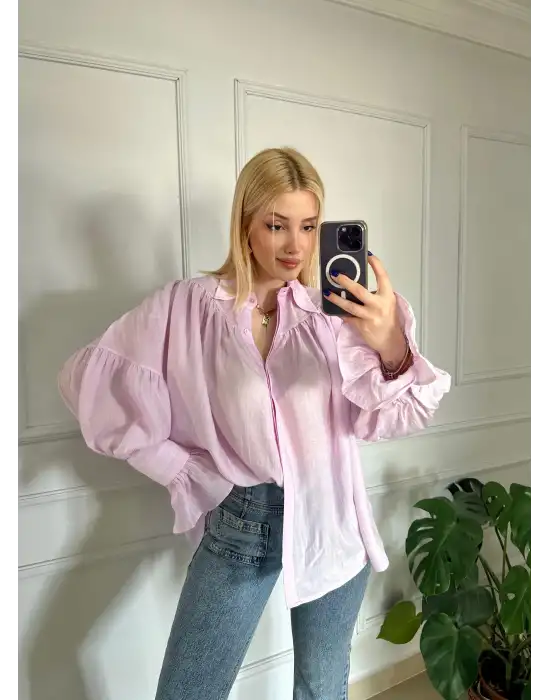 Soleil Pembe Fırfırlı Volanlı Gömlek