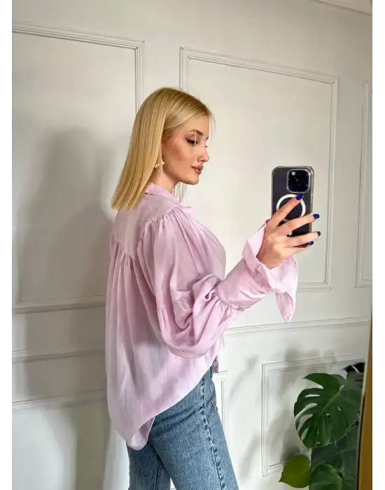 Soleil Pembe Fırfırlı Volanlı Gömlek