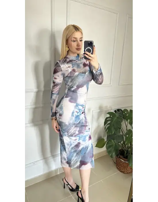 Solwe Desenli Tül Midi Boy Elbise