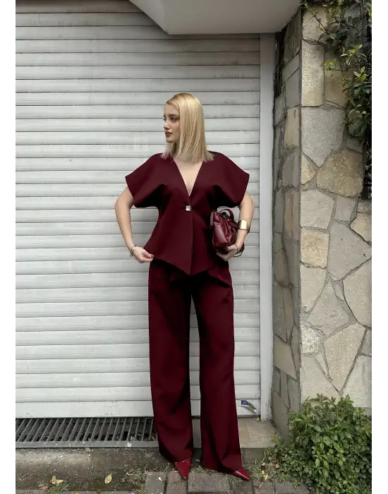 Valera Bordo Yarasa Kol Tek Düğme Astarlı Blazer Pantolon Takım