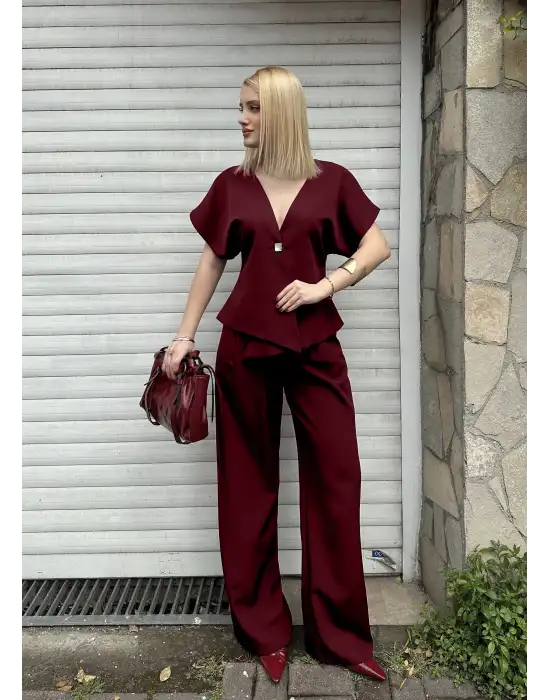 Valera Bordo Yarasa Kol Tek Düğme Astarlı Blazer Pantolon Takım