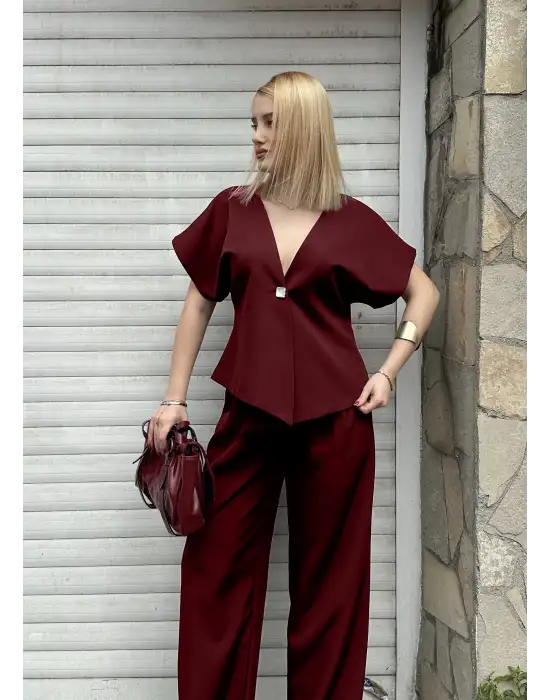 Valera Bordo Yarasa Kol Tek Düğme Astarlı Blazer Pantolon Takım