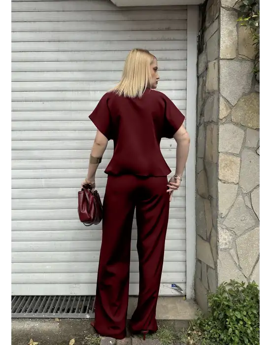 Valera Bordo Yarasa Kol Tek Düğme Astarlı Blazer Pantolon Takım