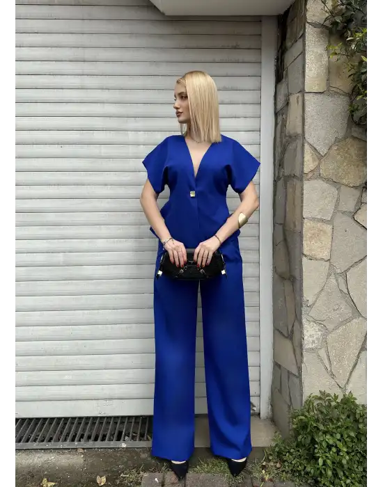 Valera Saks Mavi Yarasa Kol Tek Düğme Astarlı Blazer Pantolon Takım