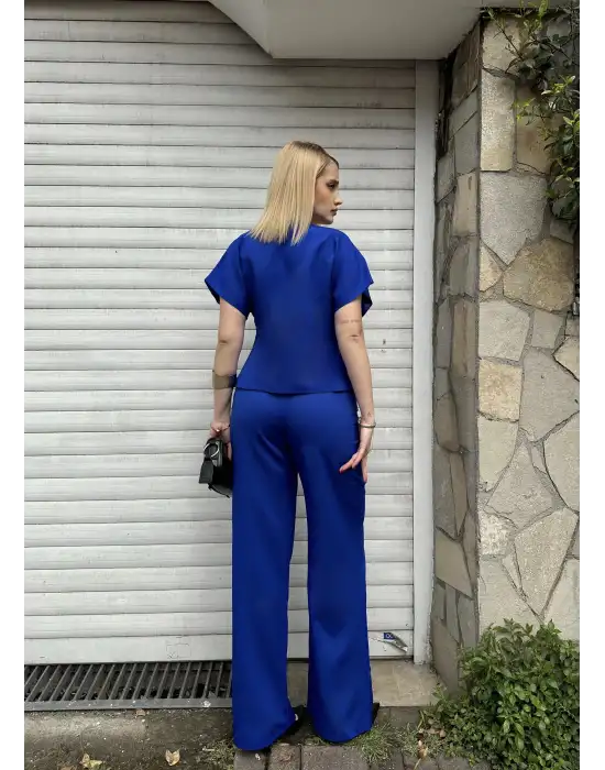 Valera Saks Mavi Yarasa Kol Tek Düğme Astarlı Blazer Pantolon Takım