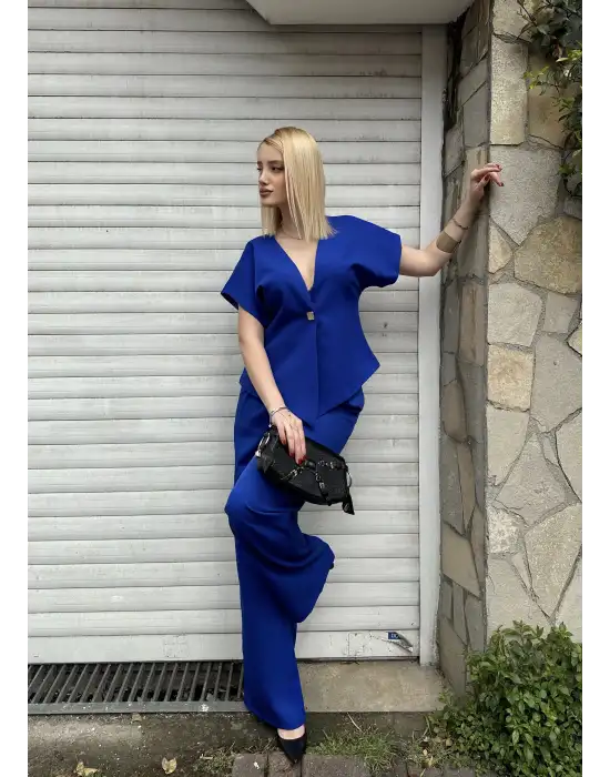 Valera Saks Mavi Yarasa Kol Tek Düğme Astarlı Blazer Pantolon Takım