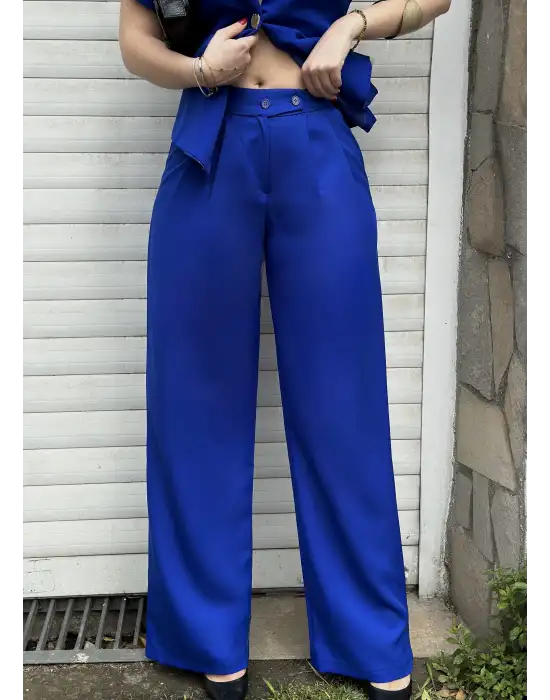 Valera Saks Mavi Yarasa Kol Tek Düğme Astarlı Blazer Pantolon Takım