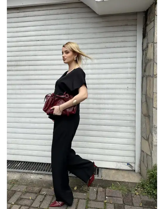 Valera Siyah Yarasa Kol Tek Düğme Astarlı Blazer Pantolon Takım