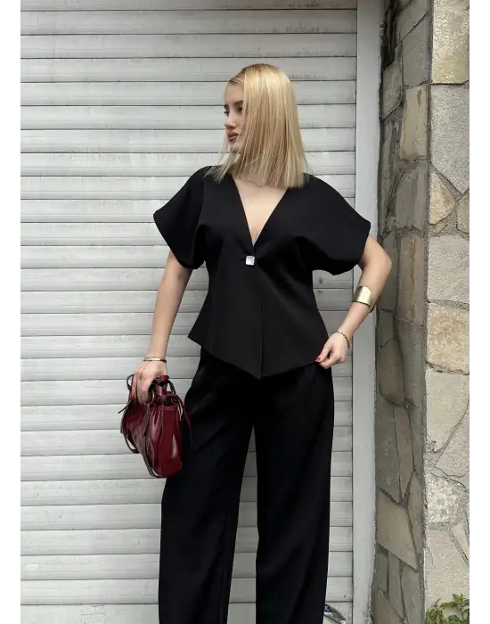 Valera Siyah Yarasa Kol Tek Düğme Astarlı Blazer Pantolon Takım