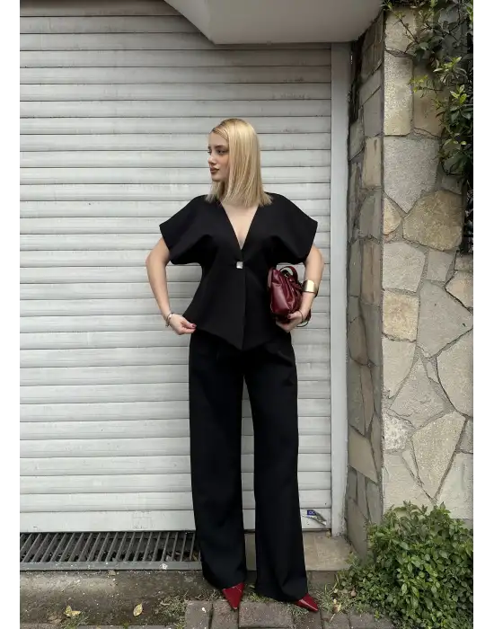 Valera Siyah Yarasa Kol Tek Düğme Astarlı Blazer Pantolon Takım