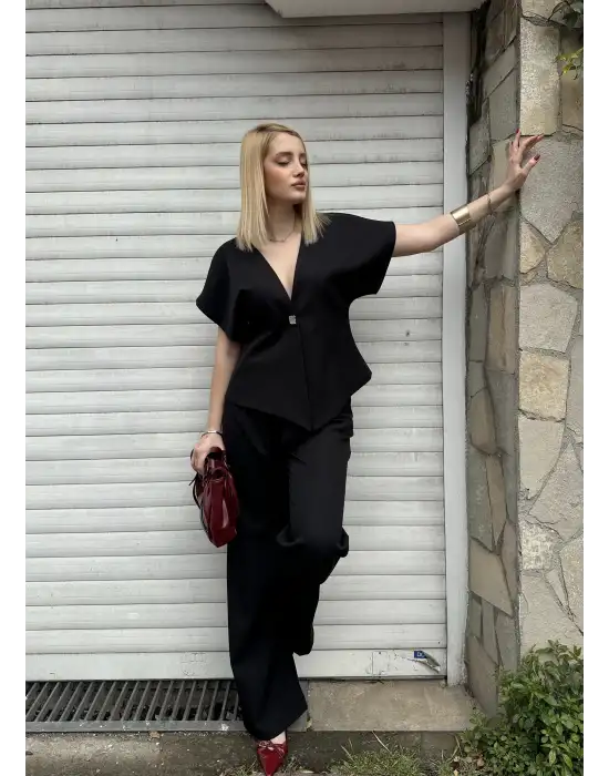 Valera Siyah Yarasa Kol Tek Düğme Astarlı Blazer Pantolon Takım