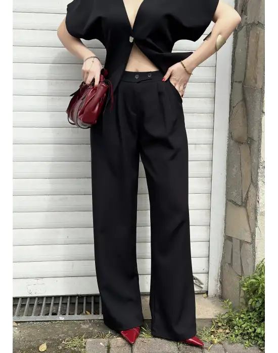 Valera Siyah Yarasa Kol Tek Düğme Astarlı Blazer Pantolon Takım