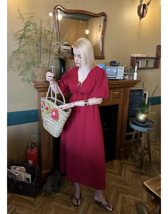 Vayla Bordo Müslin Kumaş Bağlama Detaylı Elbise