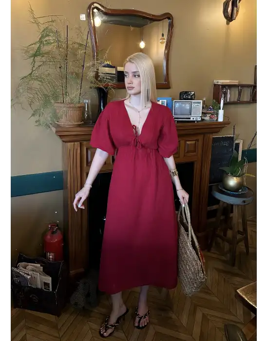 Vayla Bordo Müslin Kumaş Bağlama Detaylı Elbise