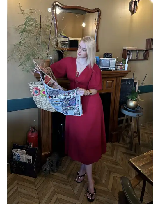 Vayla Bordo Müslin Kumaş Bağlama Detaylı Elbise