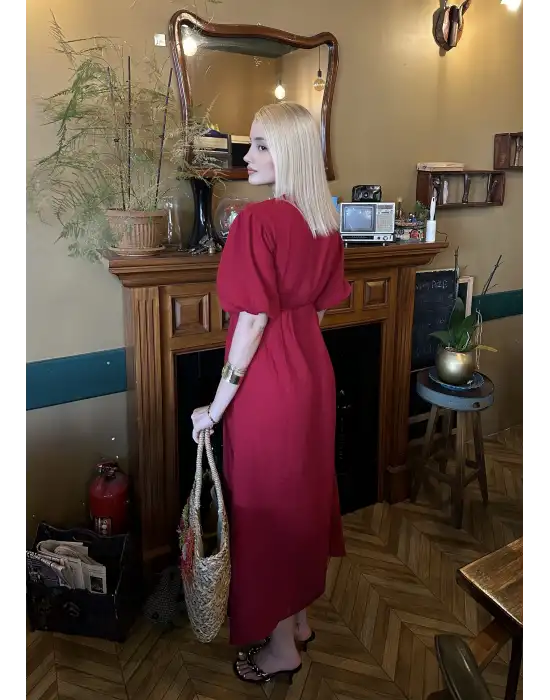 Vayla Bordo Müslin Kumaş Bağlama Detaylı Elbise