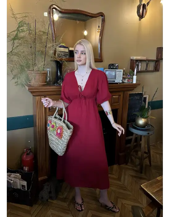 Vayla Bordo Müslin Kumaş Bağlama Detaylı Elbise