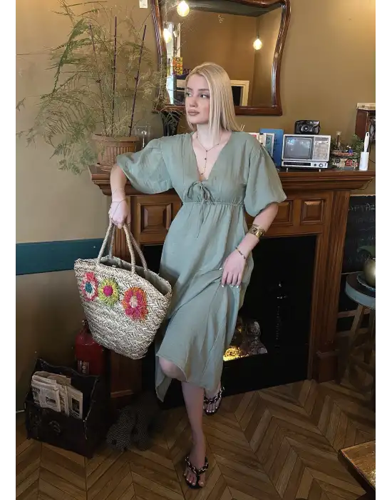 Vayla Çağla Müslin Kumaş Bağlama Detaylı Elbise