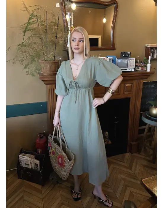 Vayla Çağla Müslin Kumaş Bağlama Detaylı Elbise