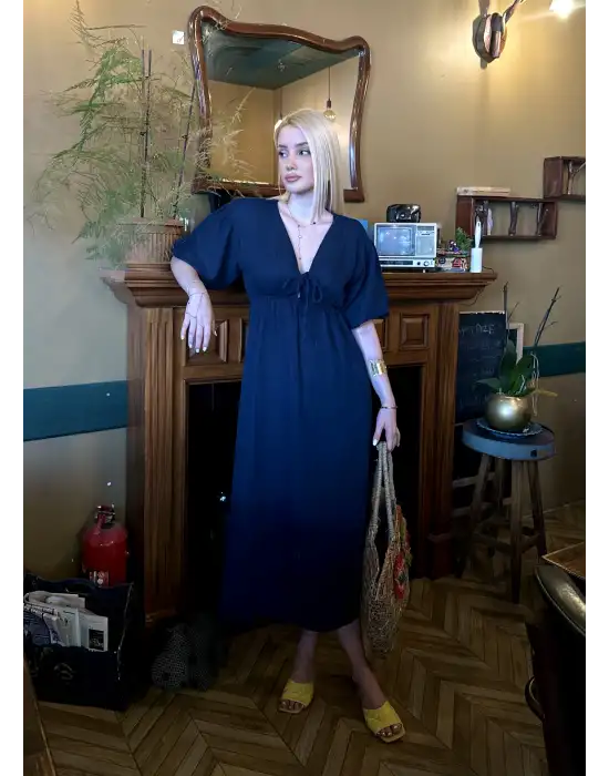 Vayla Lacivert Müslin Kumaş Bağlama Detaylı Elbise